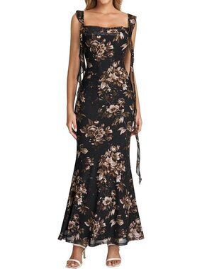 Women's Black Floral Boat Neck Elegant Ruffle Bodycon Formal Cocktail Maxi Dress